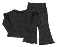 2set - Čierne trblietavé úpletové tričko s volánky + zvonové nohavice Primark