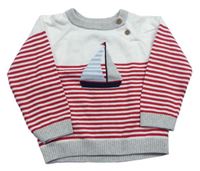 Bielo-červeno-sivý pruhovaný sveter s lodičkou little Nutmeg