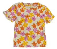 Smetanovo-barevné žebrované květované crop tričko s volánky PRIMARK