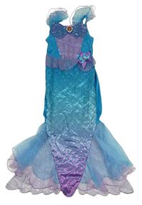 Kostým - Azurovo-fialové saténovo/organzové šaty s broží a flitry a volánky - Ariel Disney 