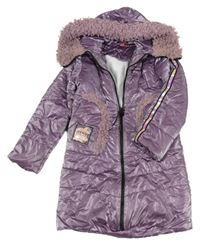 Fialový metalický prešívaný šušťákový zimný kabát s jablíčkem a pruhmi a kapucňou