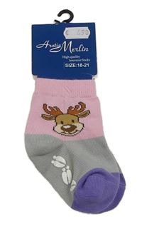 Nové - světlerůžovo-šedo-fialové ponožky se sobem vel. 18-21