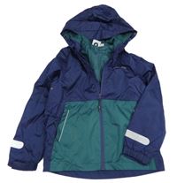 Tmavomodro-smaragdová šušťáková funkčná jarná bunda s nápismi a kapucňou crane