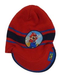 Červeno-tmavomodrá pletená čepice s Máriem a kšiltem 