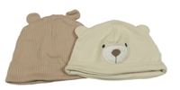 2x - Žebrovaná čepice s oušky - Hnědobéžová LC WaIKIKI, smetanová - medvídek OBaïBi