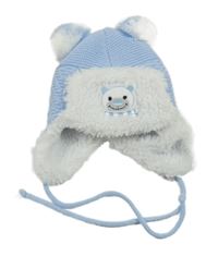 Světlemodrá vlněná zateplená čepice s medvídkem a bambulemi