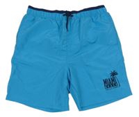 Modro-tmavomodré plážové kraťasy s nápisy a palmou Y.F.K.