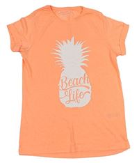 Neónově oranžové tričko s ananasom s nápismi Primark