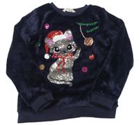 Tmavomodrá chlpatá mikina s kočkou z překlápěcích flitrů H&M
