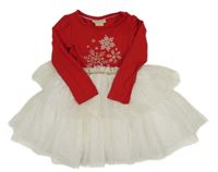 Červeno-biele bavlněno/tylové šaty s vločkami a vrstvenou sukní