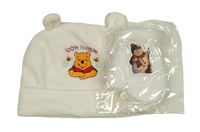 2set - Smetanová sametová čepice s Púem + bílé chlupaté palcové rukavice se sněhulákem