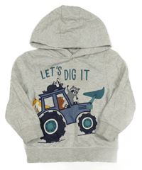 Světlešedá melírovaná mikina s traktorem se zvířaty a kapucí C&A