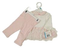 Nové - 2set - Bílo-světlerůžová šatová tunika s krajkou a tylem + legíny