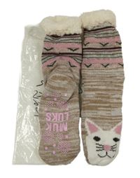 Nové - Hnedo-sivé melírované zateplené ponožky s mačkou