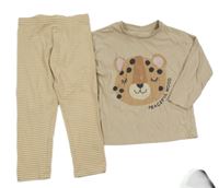 2set - Světlehnědé triko s levhartem + hnědo-krémové pruhované legíny Matalan