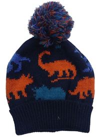Tmavomodrá pletená čapica s farebnymi dinosaurami a brmbolcom