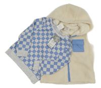 Nové - 2 set - smotanová huňatá podšitá vesta s kapucí + sivo-modré kockované tričko Pep&Co
