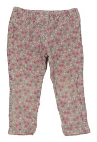 Růžové květované elastické manšestráky