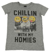 Sivé melírované tričko s nápisom a smajlíkmi Chapter young