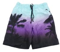 Tyrkysovo-fialovo-čierne ombré plážové kraťasy s palmami zn. H&M