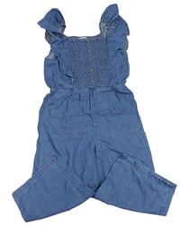 Modrý nohavicový ľahký rifľový culottes overal s volánikmi Matalan
