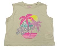 Béžový crop top s palmami a nápisom Primark
