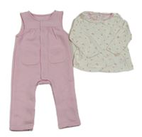 2set - Biele kvetované triko + Ružový nohavicový overal Dunnes Stores