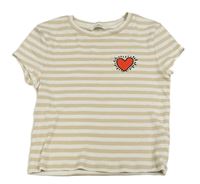 Béžovo-bílé pruhované žebrované crop tričko se srdcem H&M