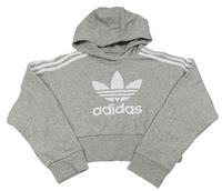 Světlešedá melírovaná crop mikina s logem a kapucí Adidas