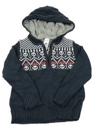 Tmavomodro-bílo-červený propínací svetr s lebkami a kapucí C&A