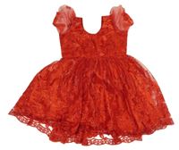 Červené tylové slavnostní šaty s flitry a květy 