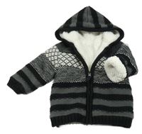 Sivo-čero-biely vzorovaný zateplený prepínaci sveter s kapucňou Nutmeg