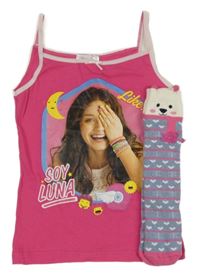 2set - Fuchsiová košilka - Soy Luna + modro-bílo-růžové pruhované zateplené ponožky s čumákem 