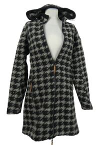Dámský černo-šedý kostkovaný vlněný kabát s kapucí CMP 