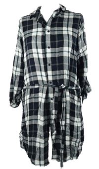 Dámske tmavomodro-biele kockované flanelové košeľové šaty s opaskom