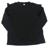 Čierne rebrované tričko s volánikom Shein