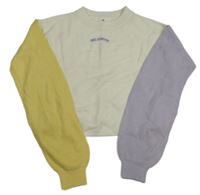 Bielo-žlto-fialový crop sveter s nápisom H&M