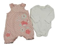 2set- ružový bodkovaná ý overal s kvietkami a ptáčky+ biele body George