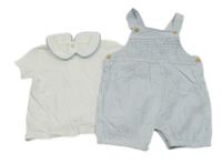 2set- modro-bílé pruhované plátěné laclové kraťasy+ bílé tričko s límečkem Dunnes