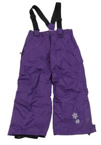 Fialové šusťákové funkční laclové oteplovačky s kytičkami a kšandami Lupilu