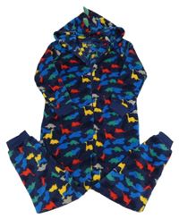 Tmavomodro-farebná chlpatá kombinéza s dinosaurami a kapucňou