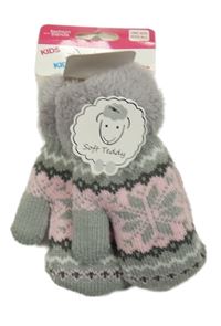 Nové - Šedo-růžové pletené zateplené palcové rukavice s norským vzorem