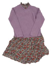 Lila-tmavomodro-barevné svetrové šaty s květovanou sukní a límečkem Next
