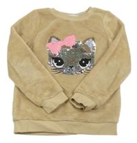 Béžová chlpatá mikina s kočkou z flitrů H&M