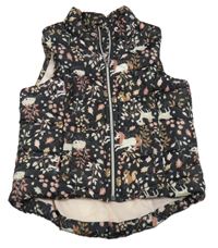 Čierna šušťáková prešívaná zateplená vesta so zvieratkami zn. H&M