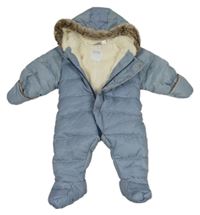 Tmavomodro-biela pruhovaná šušťáková prešívaná zimná kombinéza s kapucňou Obaibi