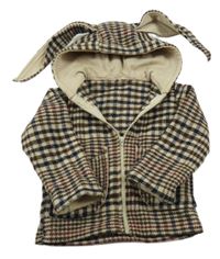 Hnědo-tmavomodrá kostkovaná flaušová bunda s kapucí 