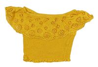 Žlutooranžový žabičkový crop top s volánikom s madeirou New Look