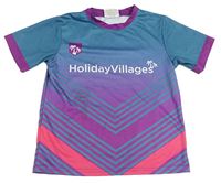 Šalvějovo-purpurovo-křiklavě korálový vzorovaný sportovní fotbalový dres s logem Holiday Villages