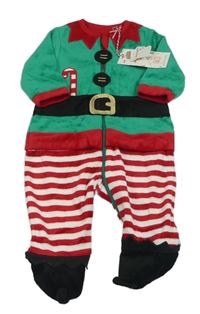 Nový - Zeleno-červeno-bílo-černý sametový overal - elf Mothercare